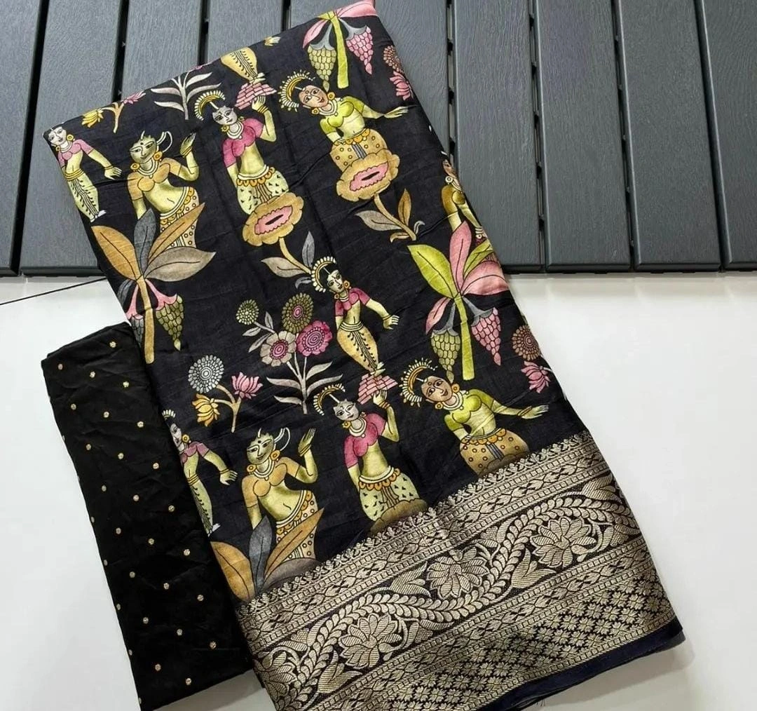 Exquisite Pichwai Kalamkari Silk Saree with Viscose Border-MKD-73-Black