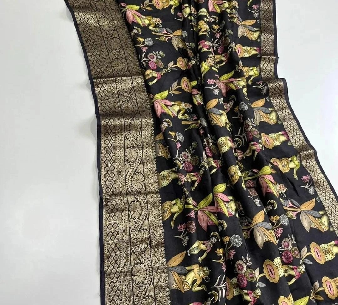 Exquisite Pichwai Kalamkari Silk Saree with Viscose Border-Black-1