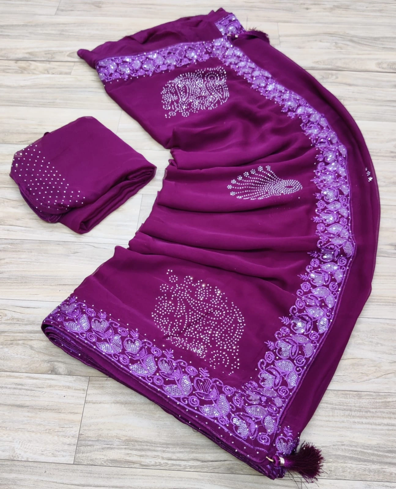 Pure Najbin Chiffon Saree: Stunning Amrodri &amp; Siroski Border with Butta Work-NSD-28-Wine