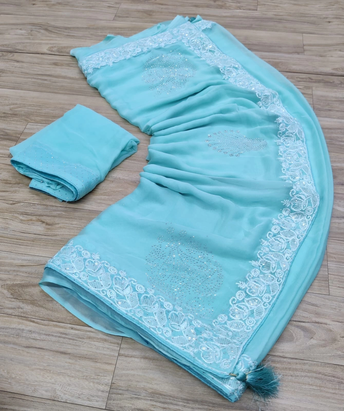 Pure Najbin Chiffon Saree: Stunning Amrodri &amp; Siroski Border with Butta Work-NSD-28-SkyBlue