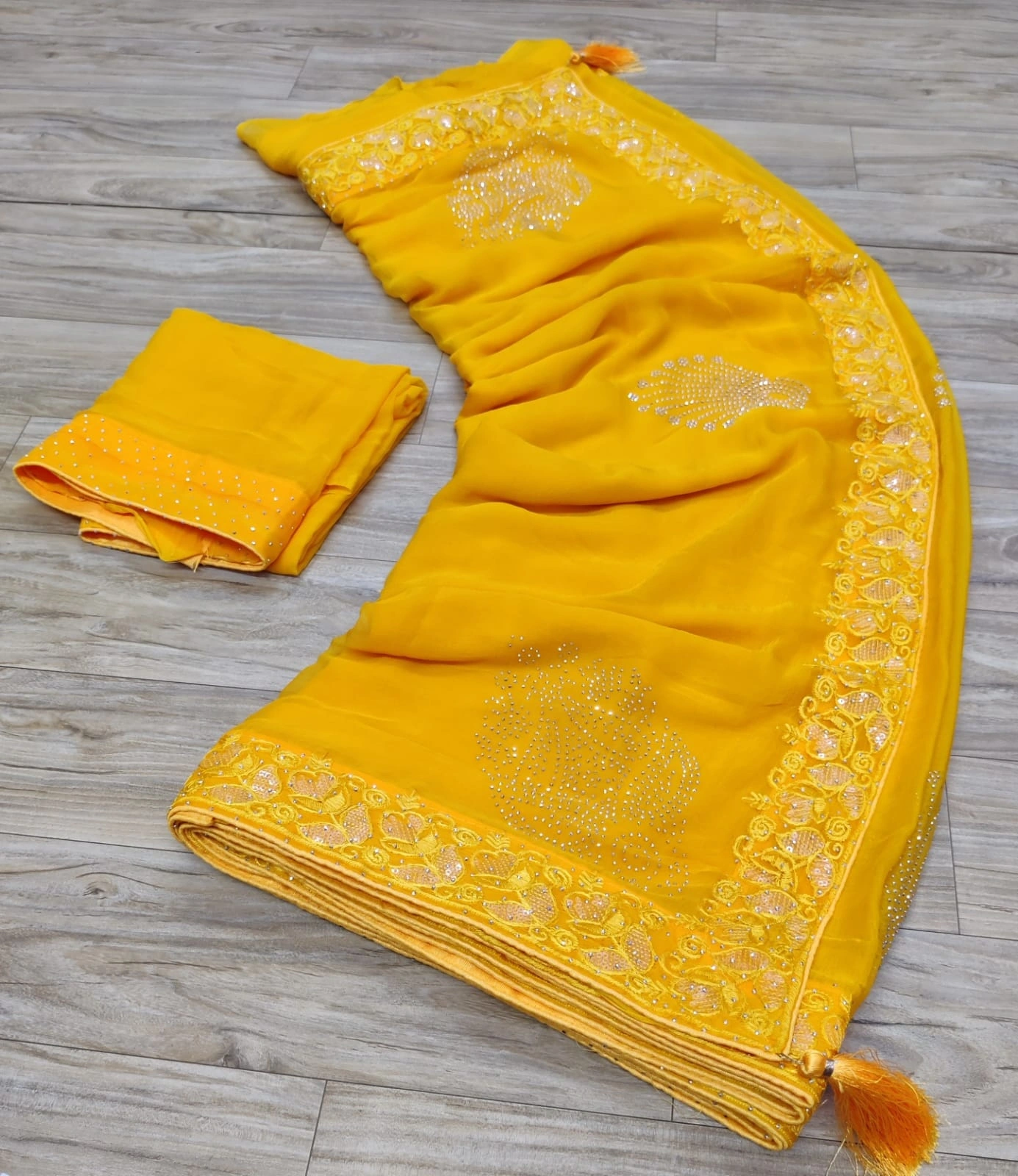 Pure Najbin Chiffon Saree: Stunning Amrodri &amp; Siroski Border with Butta Work-Yellow-1