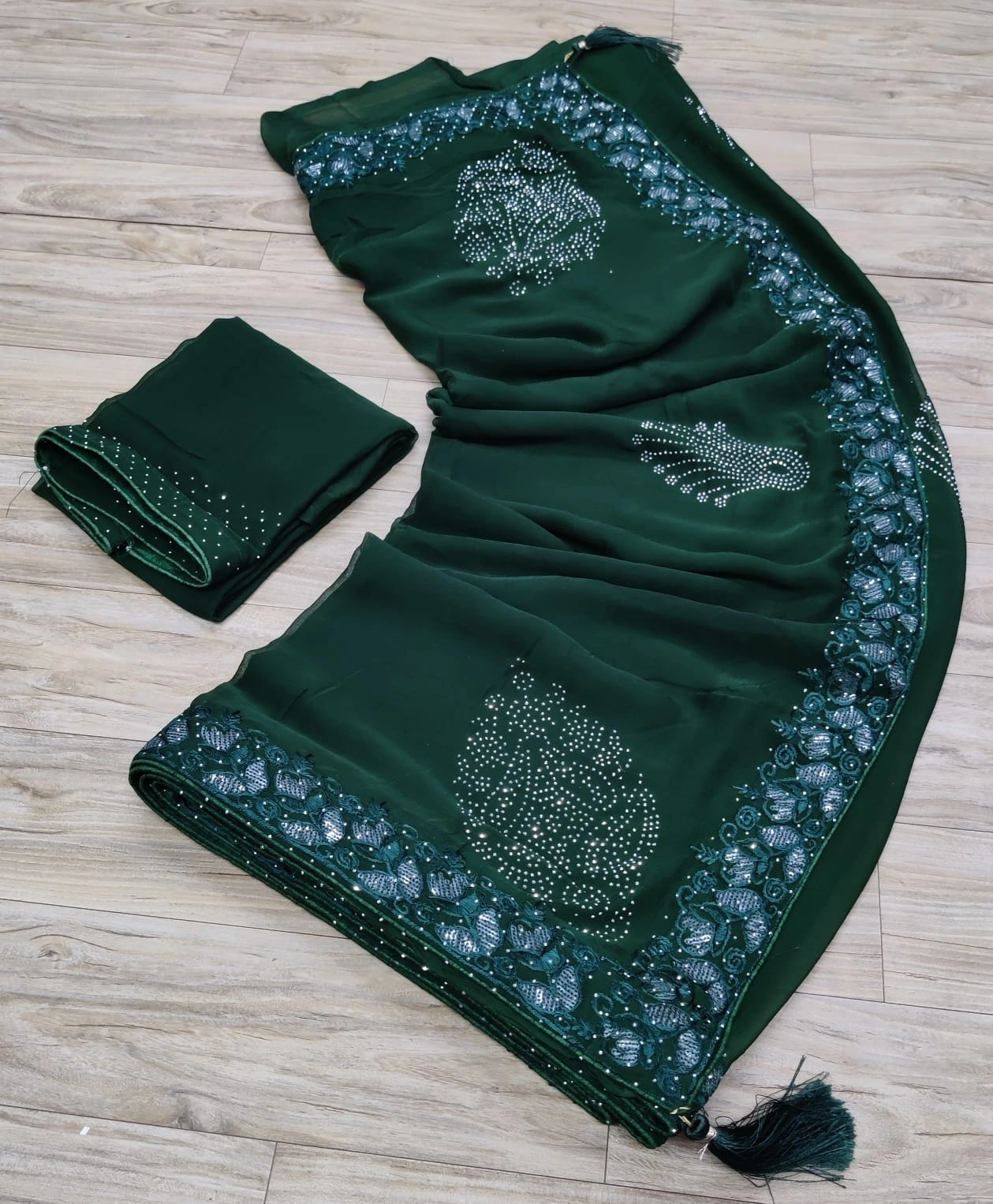 Pure Najbin Chiffon Saree: Stunning Amrodri &amp; Siroski Border with Butta Work-NSD-28-Green