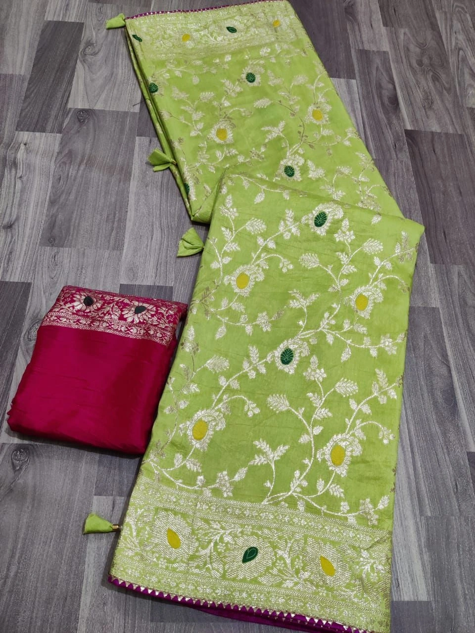 Stunning Jaipur Hand-Dyed Silk Saree with Contrasting Blouse-NSD-29-Pista