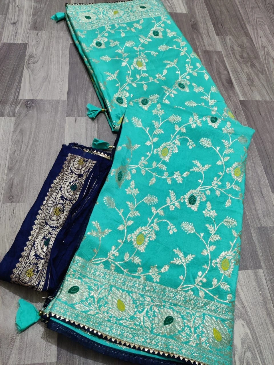 Stunning Jaipur Hand-Dyed Silk Saree with Contrasting Blouse-NSD-29-Firozi