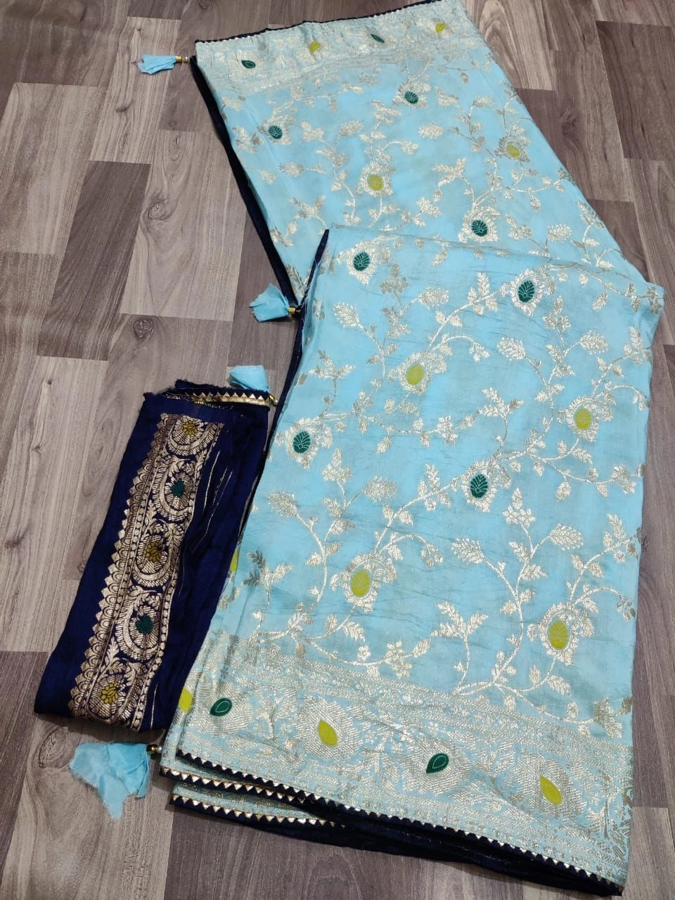 Stunning Jaipur Hand-Dyed Silk Saree with Contrasting Blouse-NSD-29-SkyBlue