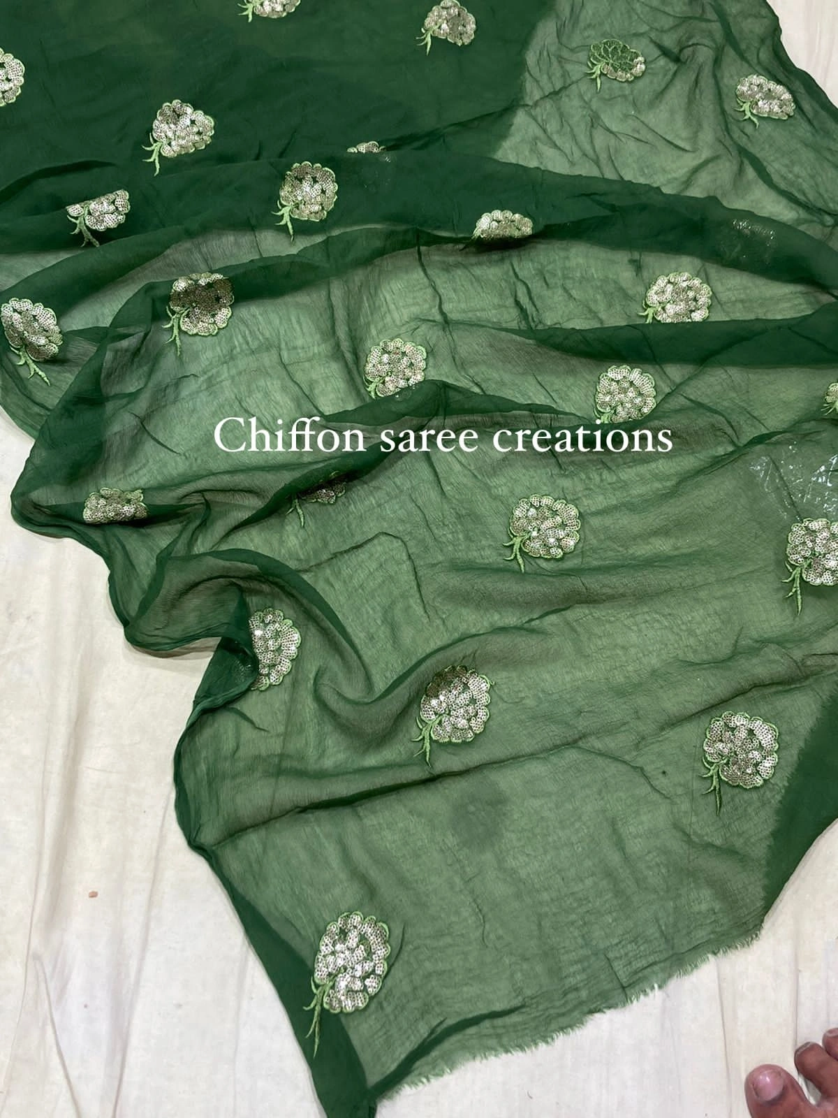 Exquisite Diamond Chiffon Saree: Stunning, Intricate Work, Multiple Colors-Dark Green-1