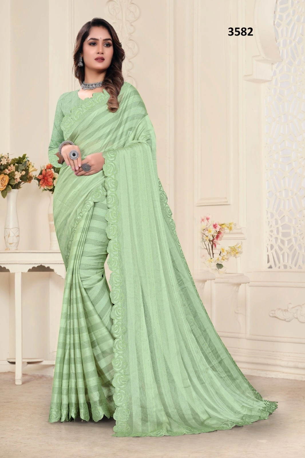 Swarovski-Embellished Rimjim Patta Saree with Fancy Border-RSRM-3582-Green