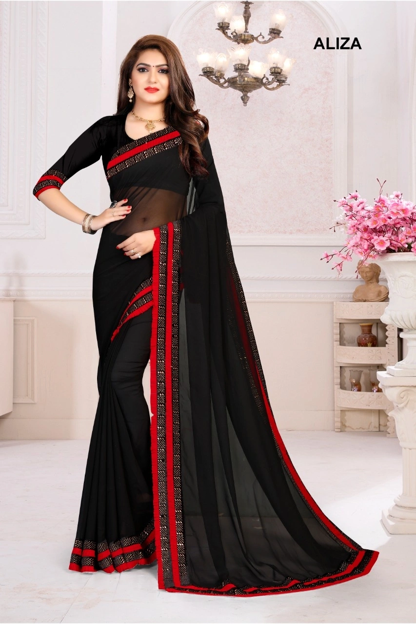 Pure Georgette Saree with Hot Fix Diamond Border &amp; Designer Frill-Black-1