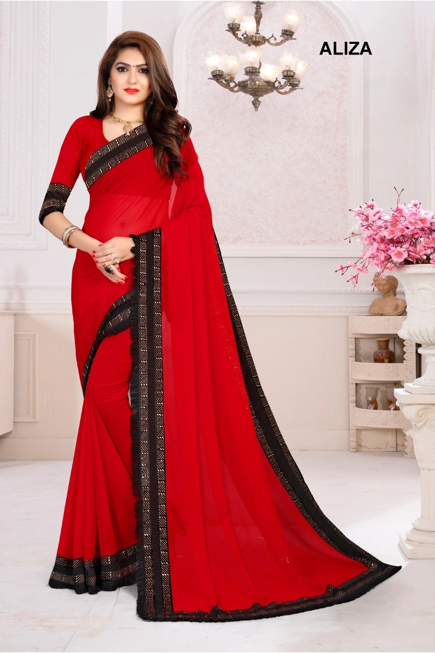 Pure Georgette Saree with Hot Fix Diamond Border &amp; Designer Frill-Red-1