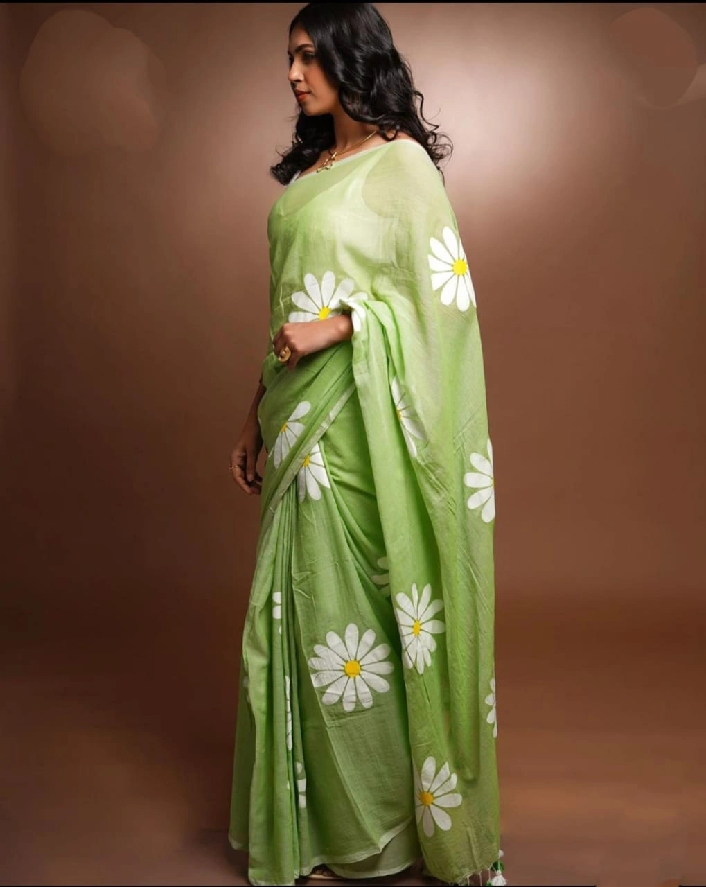 Premium Linen Cotton Sarees: Exquisite Floral Digital Print with Matching Blouse-VAD-19-Green