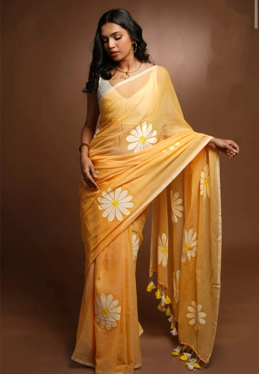 Premium Linen Cotton Sarees: Exquisite Floral Digital Print with Matching Blouse-VAD-19-Yellow