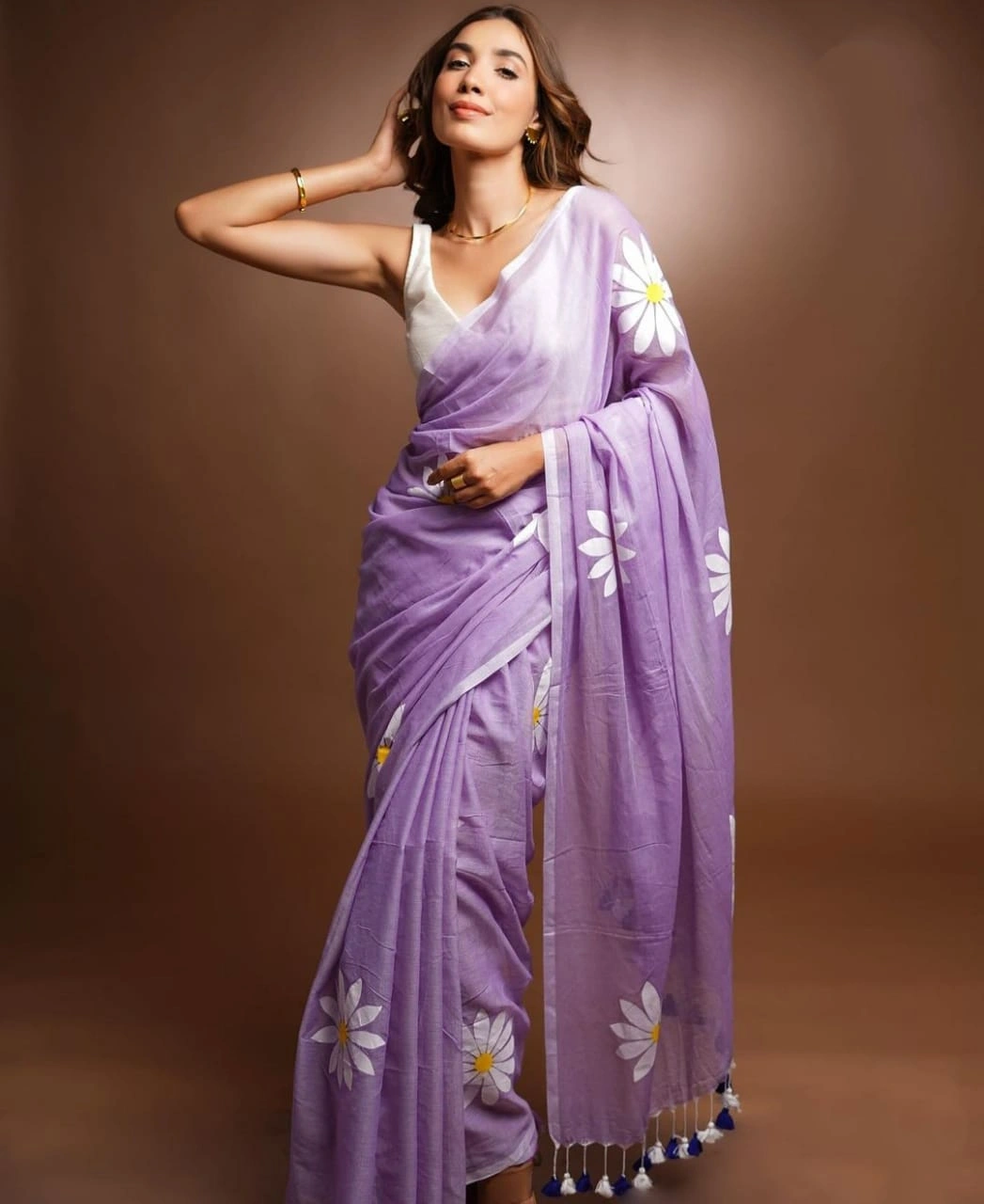 Premium Linen Cotton Sarees: Exquisite Floral Digital Print with Matching Blouse-VAD-19-Purple