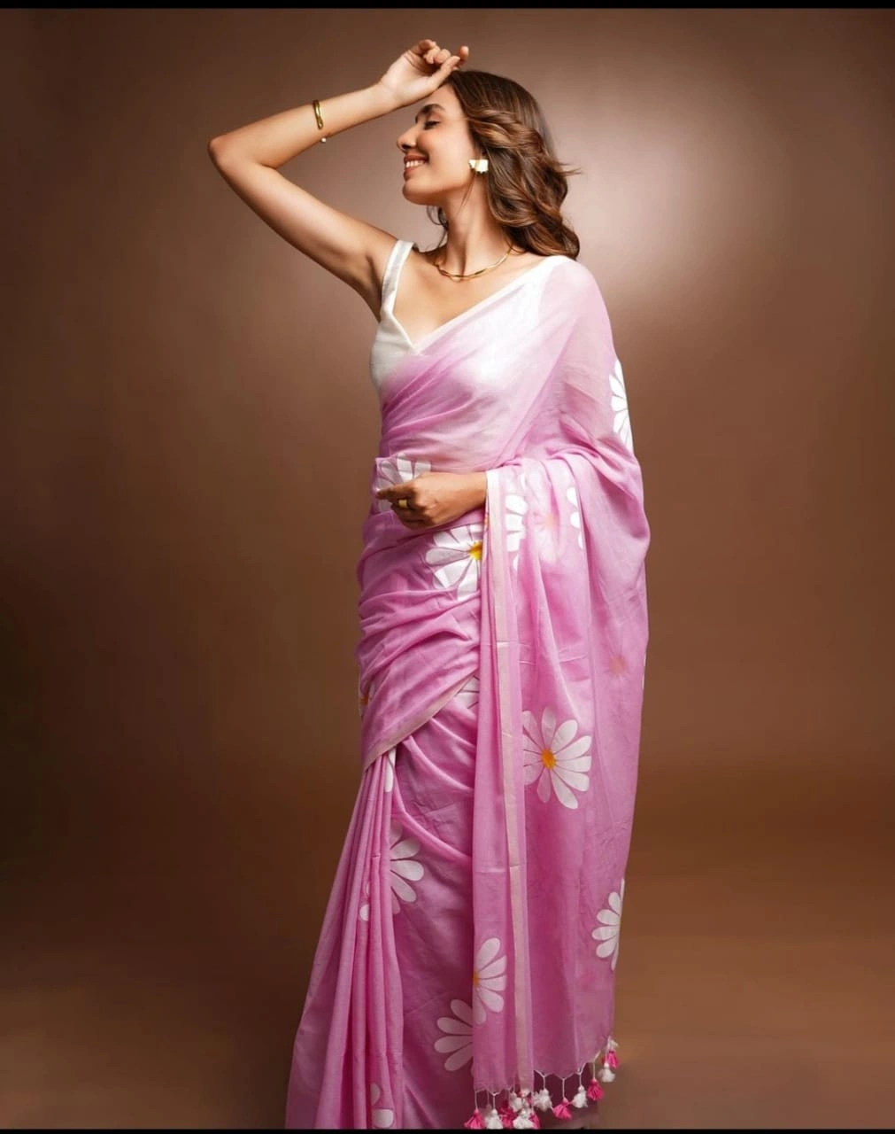 Premium Linen Cotton Sarees: Exquisite Floral Digital Print with Matching Blouse-VAD-19-Pink