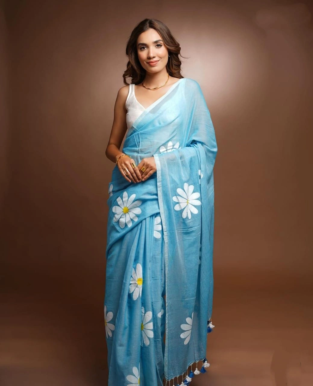 Premium Linen Cotton Sarees: Exquisite Floral Digital Print with Matching Blouse-VAD-19-SkyBlue