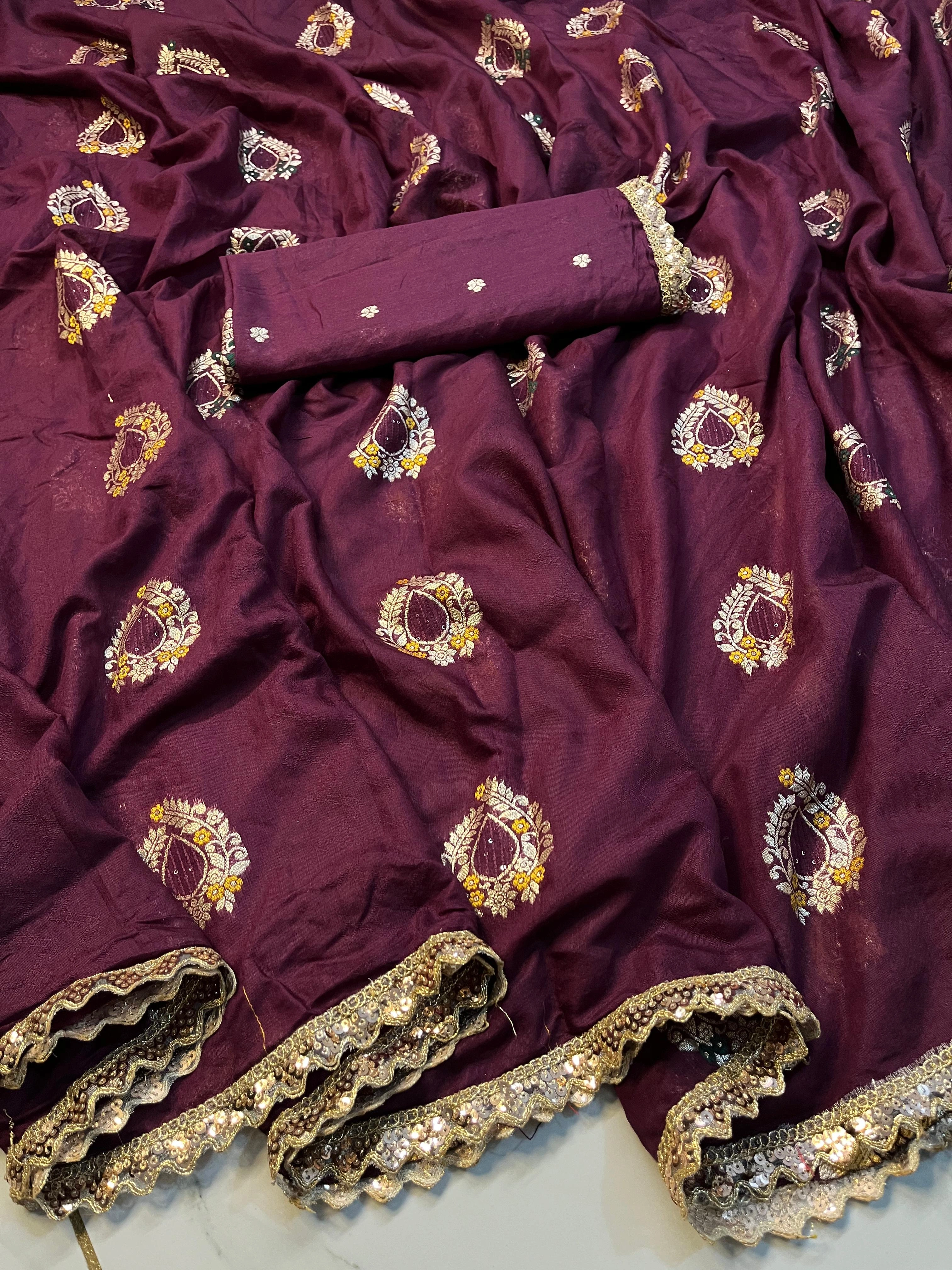 Antique-inspired Dola Silk Saree with 9&quot; Jacquard Border-Maroon-2