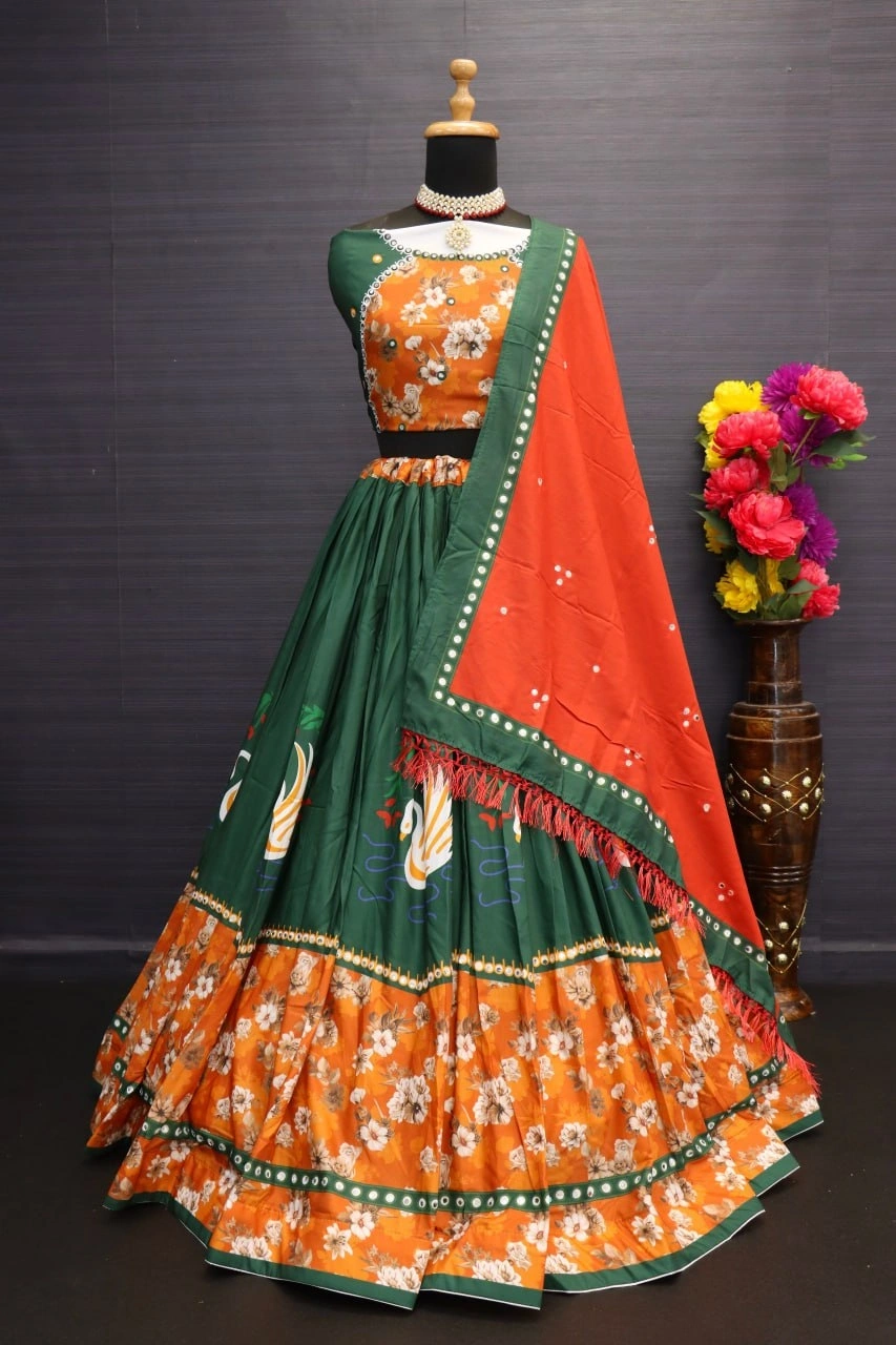 Lehenga (Semi-stitched) Set: Muslin Cotton, Printed Mirror Work, Up to 42 Waist, 41 Length, 4M Flair. Blouse: Muslin Cotton, 1M Mirror Work. Duppata: Muslin Cotton, 2.10M with Mirror. Complete Set!-VCT-15-Green