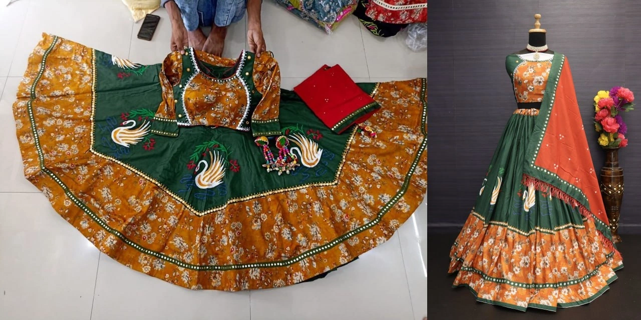 Lehenga (Semi-stitched) Set: Muslin Cotton, Printed Mirror Work, Up to 42 Waist, 41 Length, 4M Flair. Blouse: Muslin Cotton, 1M Mirror Work. Duppata: Muslin Cotton, 2.10M with Mirror. Complete Set!-Green-2