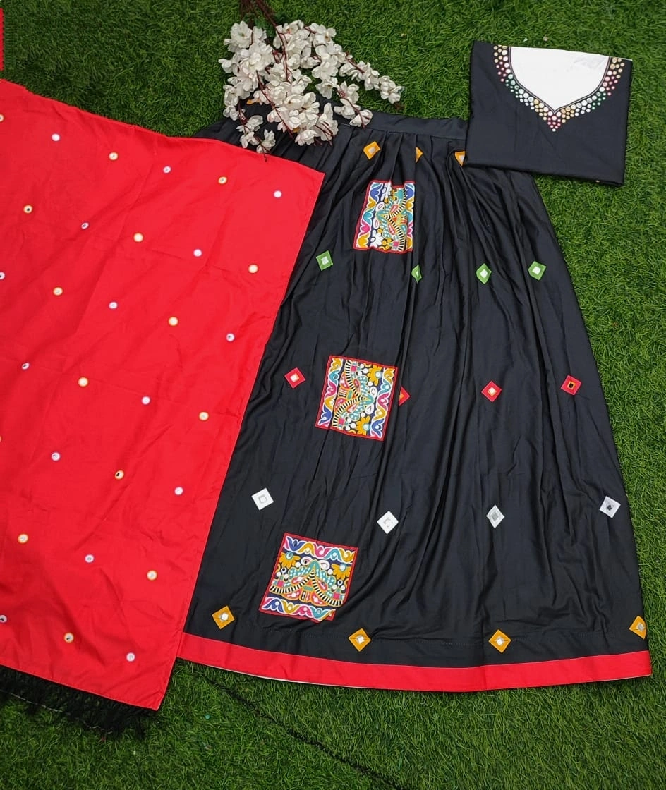 Muslin Cotton Lehenga Set with Real Mirror Work - Complete Ensemble-Black-3