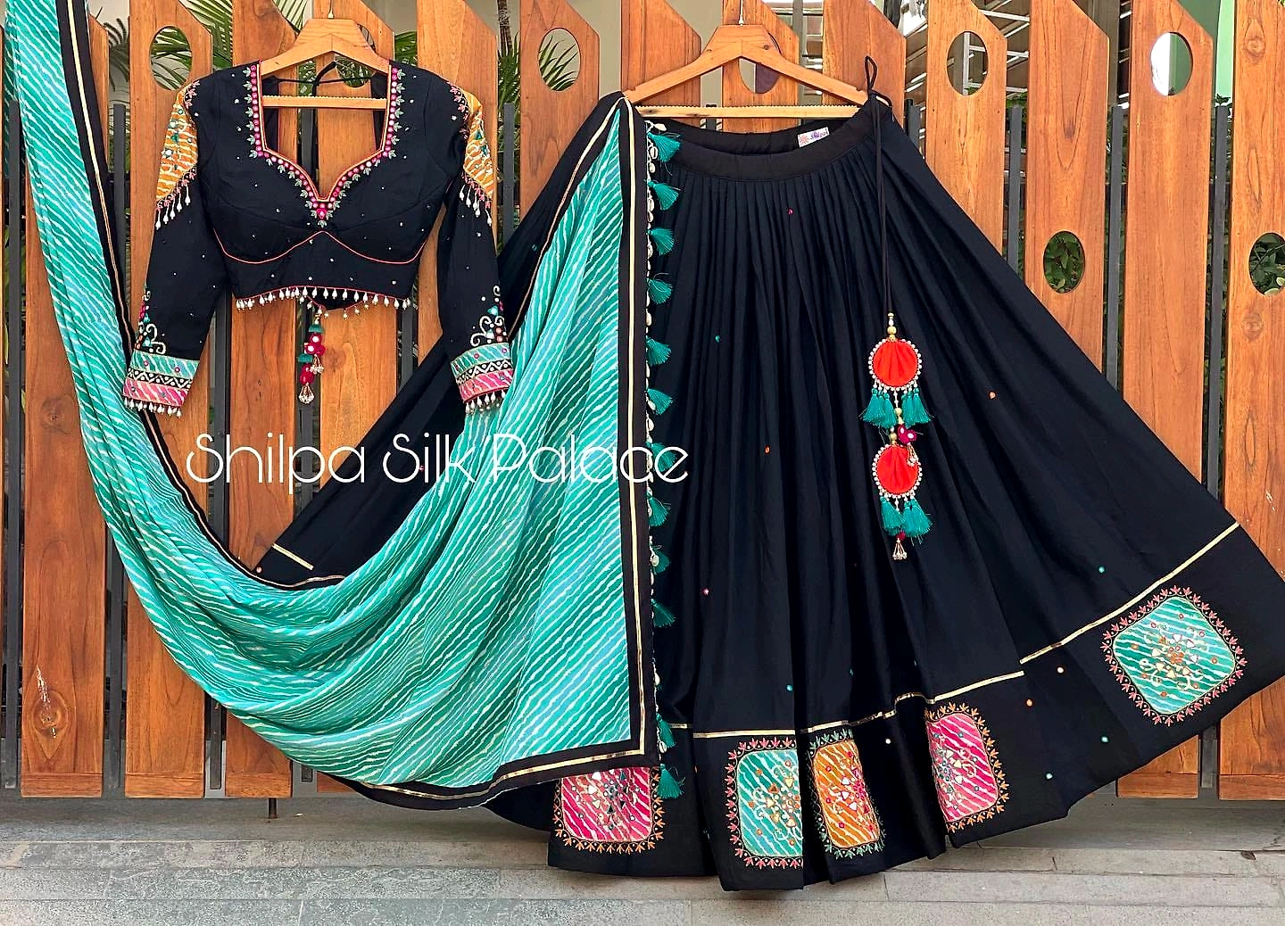 Muslin Cotton Lehenga Set with Real Mirror Work-VCT-22-Black