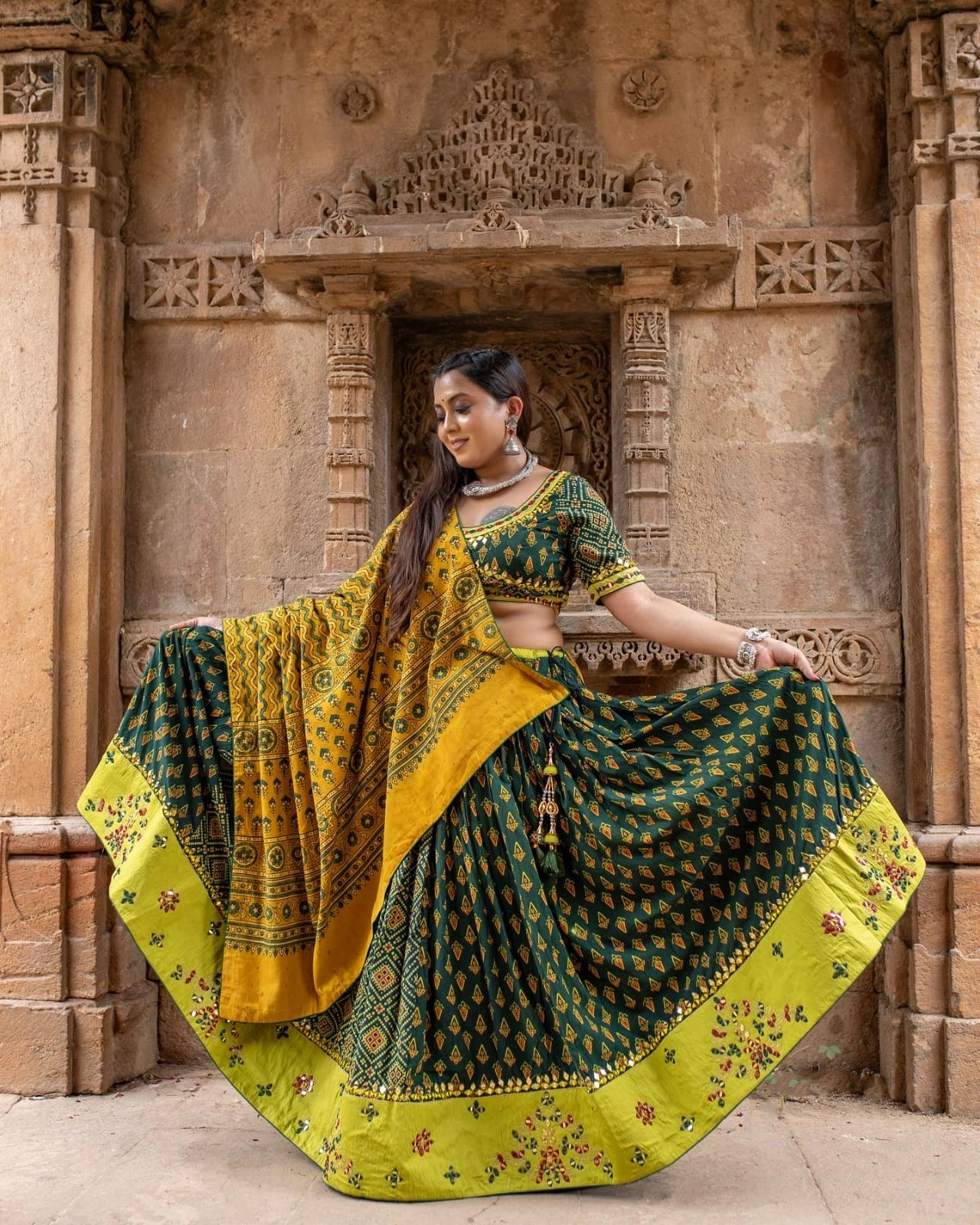 Muslin Cotton Lehenga Set with Real Mirror Work - Complete Ensemble-Green-1