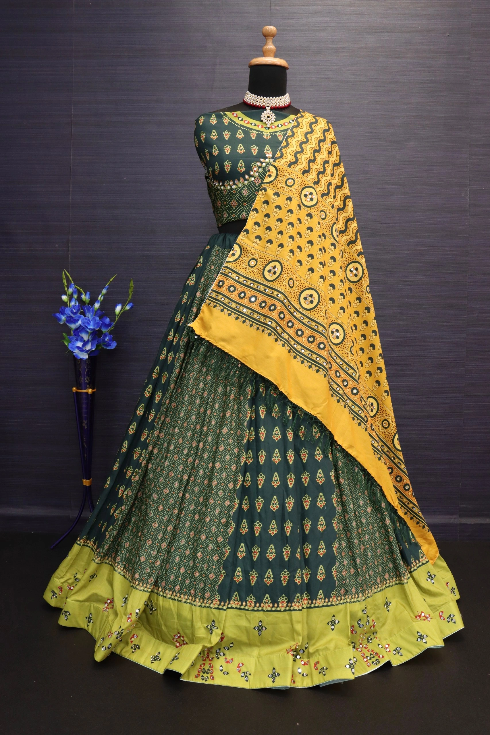 Muslin Cotton Lehenga Set with Real Mirror Work - Complete Ensemble-Green-2