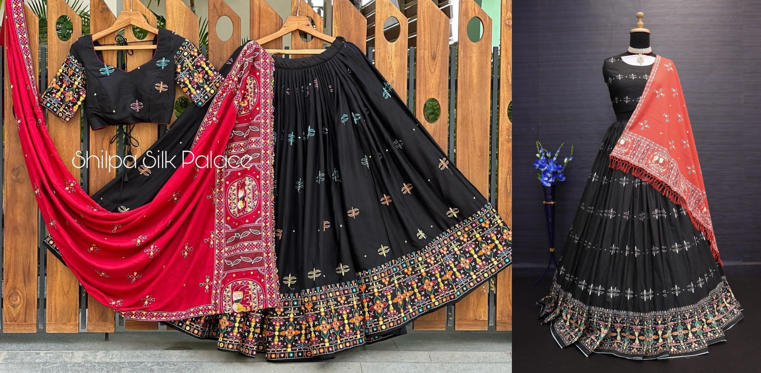 Muslin Cotton Lehenga Set with Real Mirror Work - Complete Ensemble-Black-2