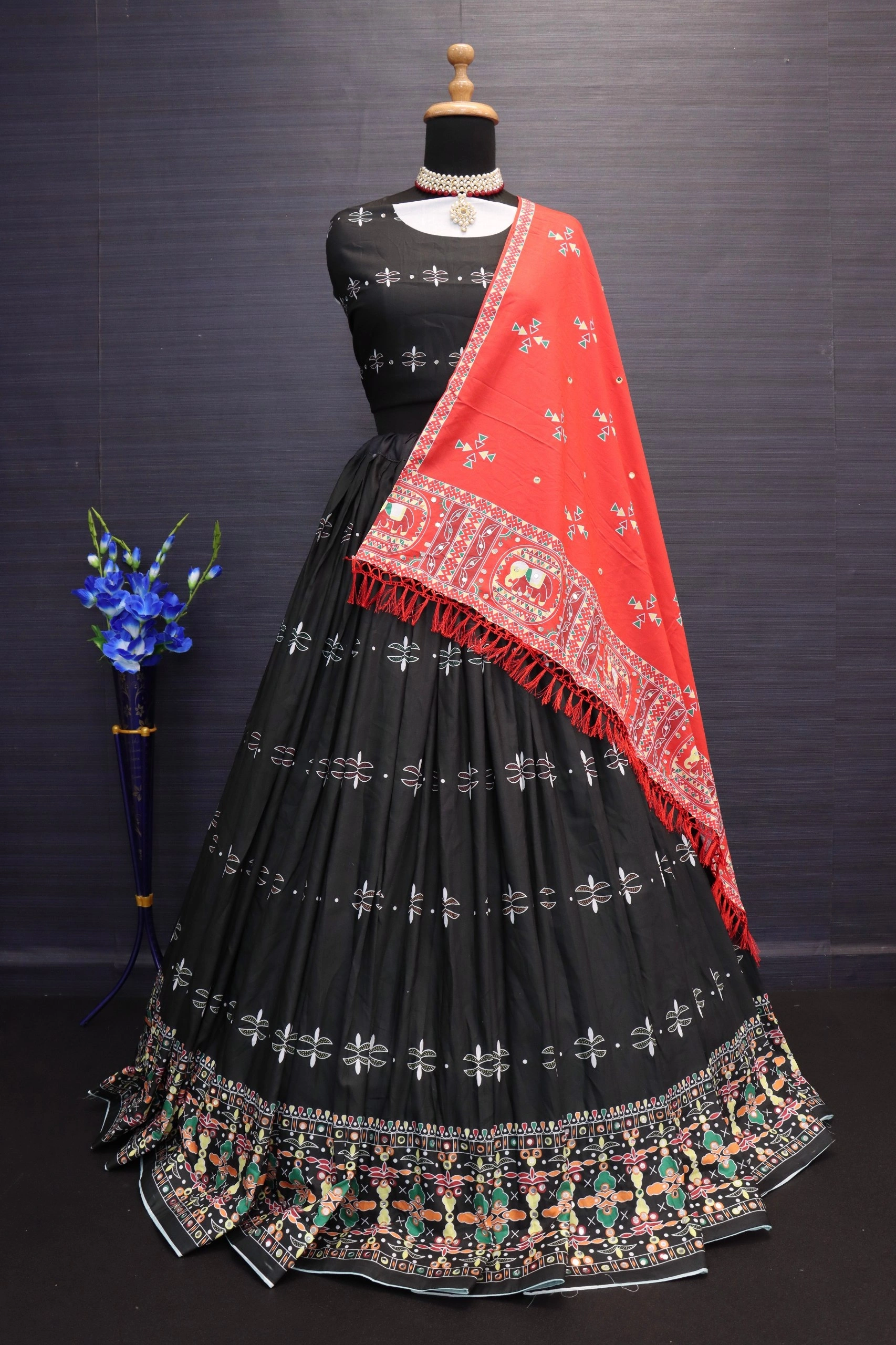 Muslin Cotton Lehenga Set with Real Mirror Work - Complete Ensemble-Black-3