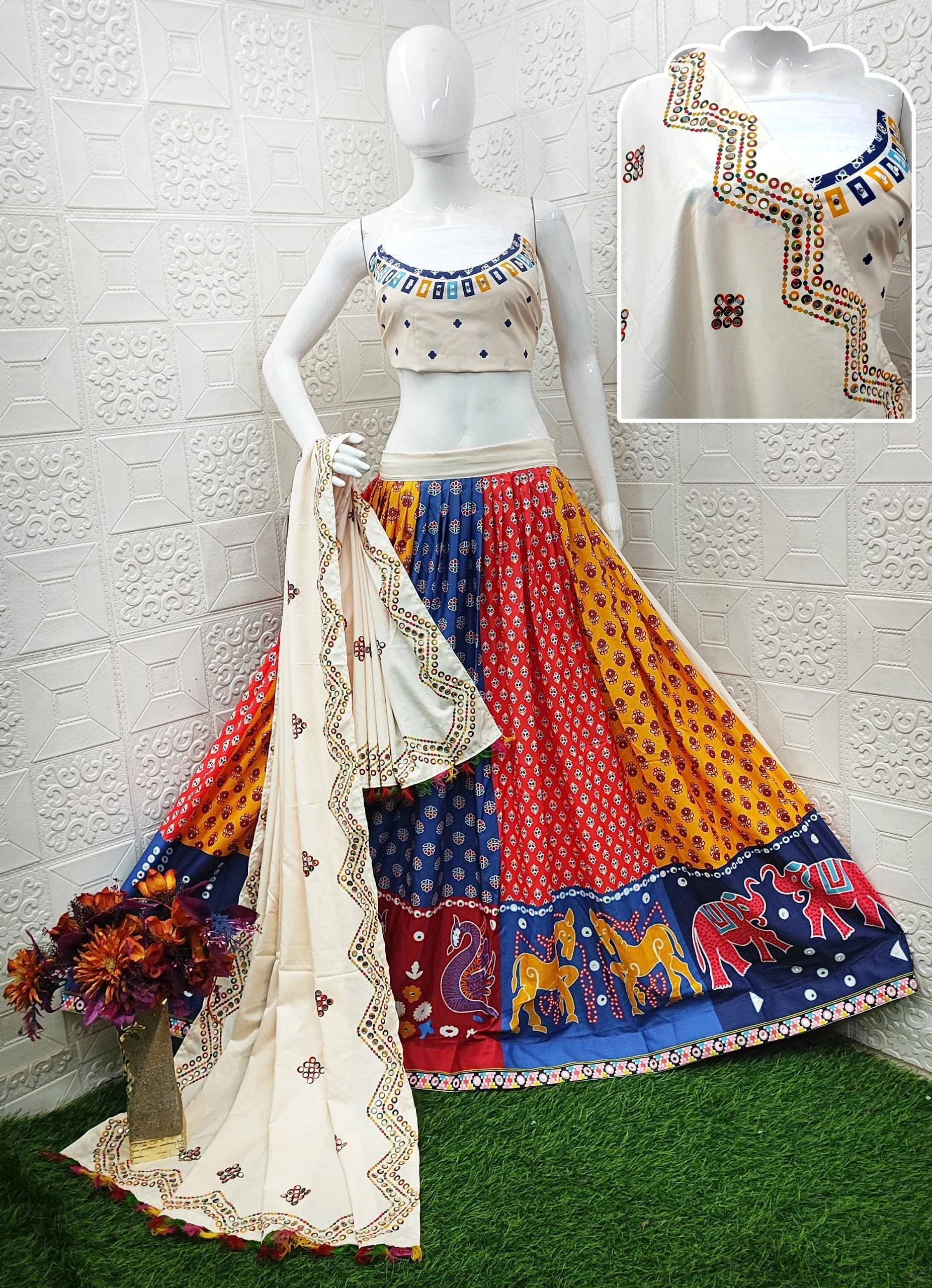 Muslin Cotton Lehenga Set with Real Mirror Work - Complete Ensemble-White-2