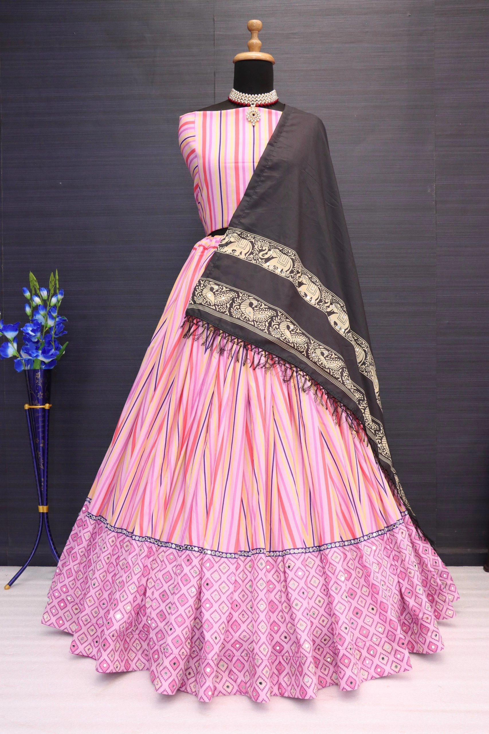 Stunning Lehenga Set with Printed Silk Choli and Mirror Work-Pink-1