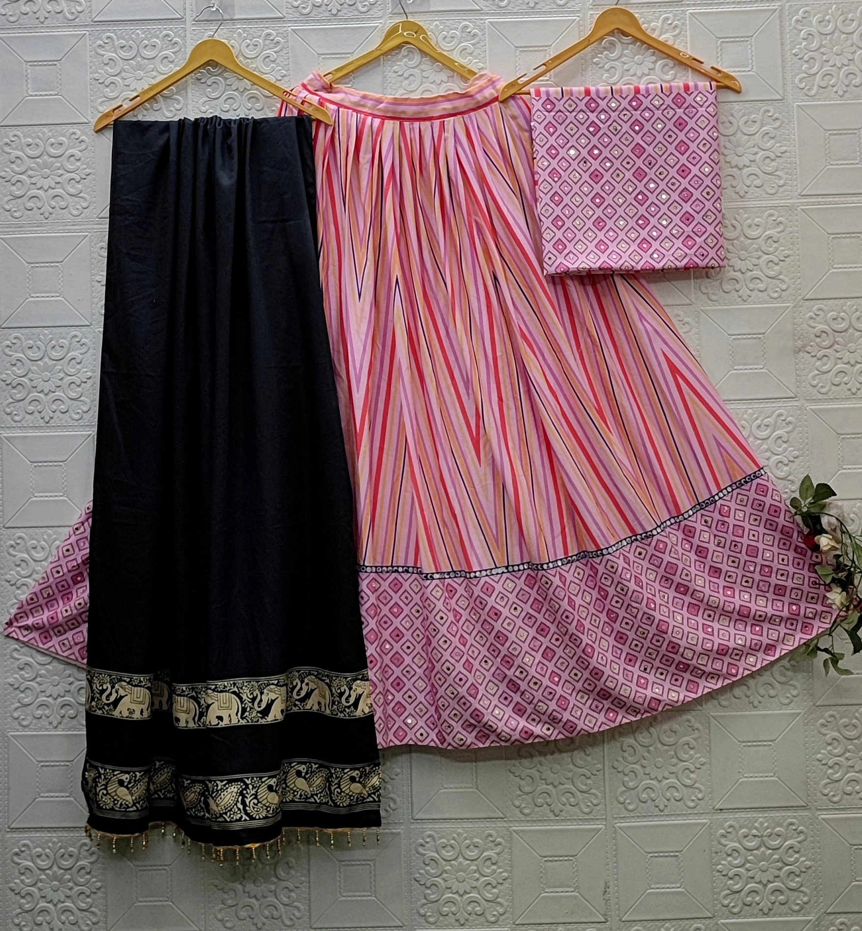 Stunning Lehenga Set with Printed Silk Choli and Mirror Work-Pink-2