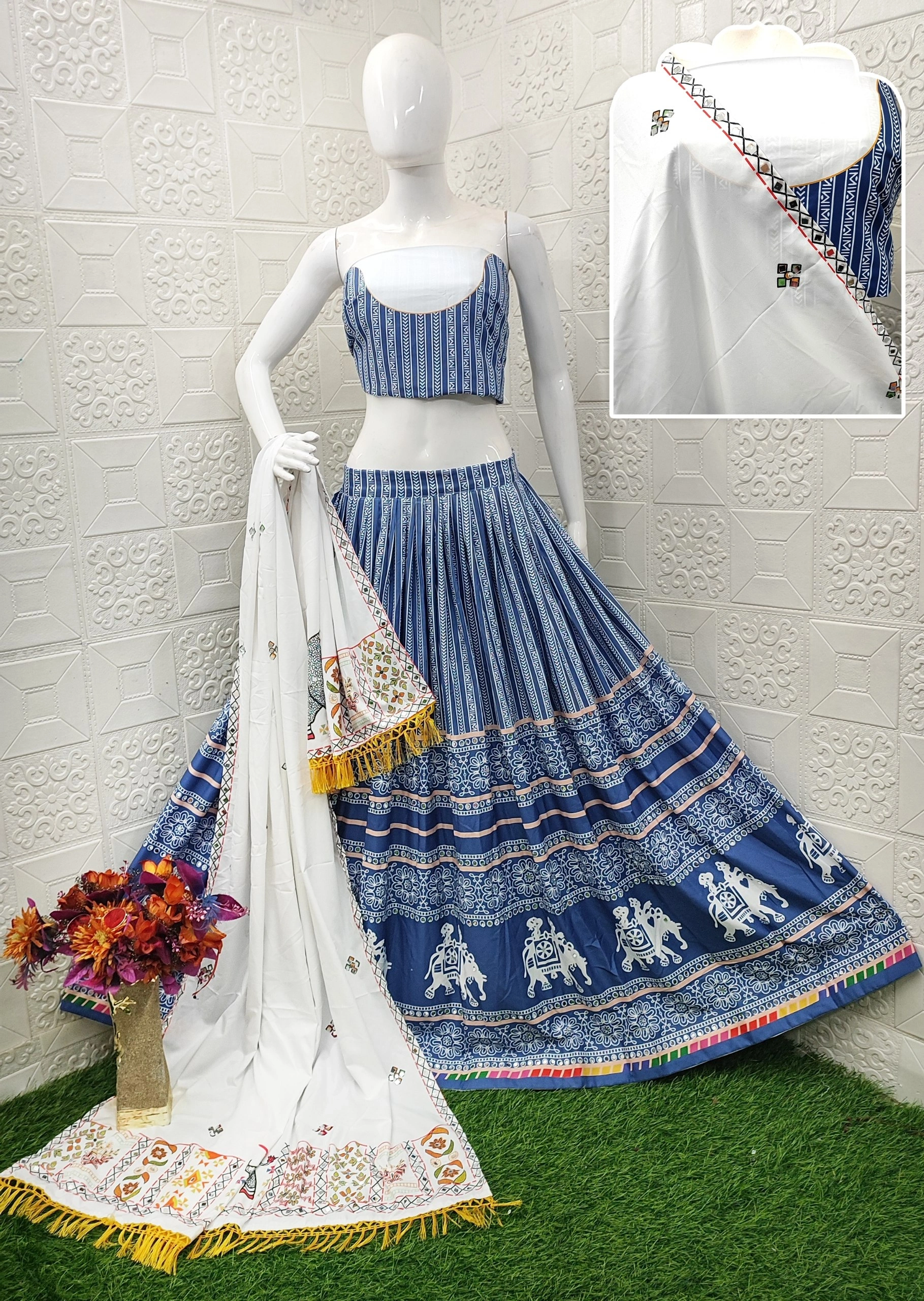 Muslin Cotton Lehenga Set with Real Mirror Work - Complete Ensemble-Blue-1