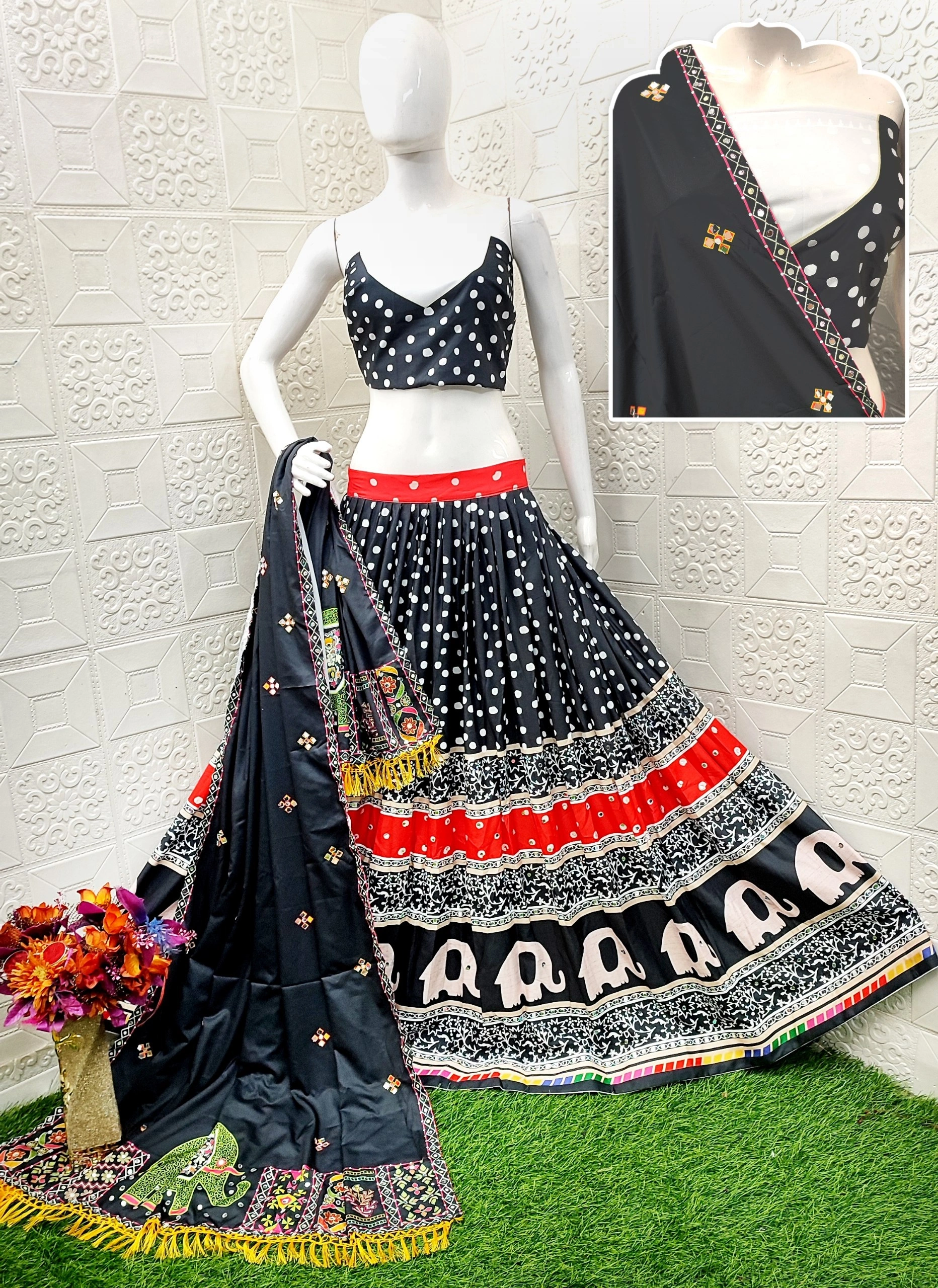 Muslin Cotton Lehenga Set with Real Mirror Work - Complete Ensemble-Black-2