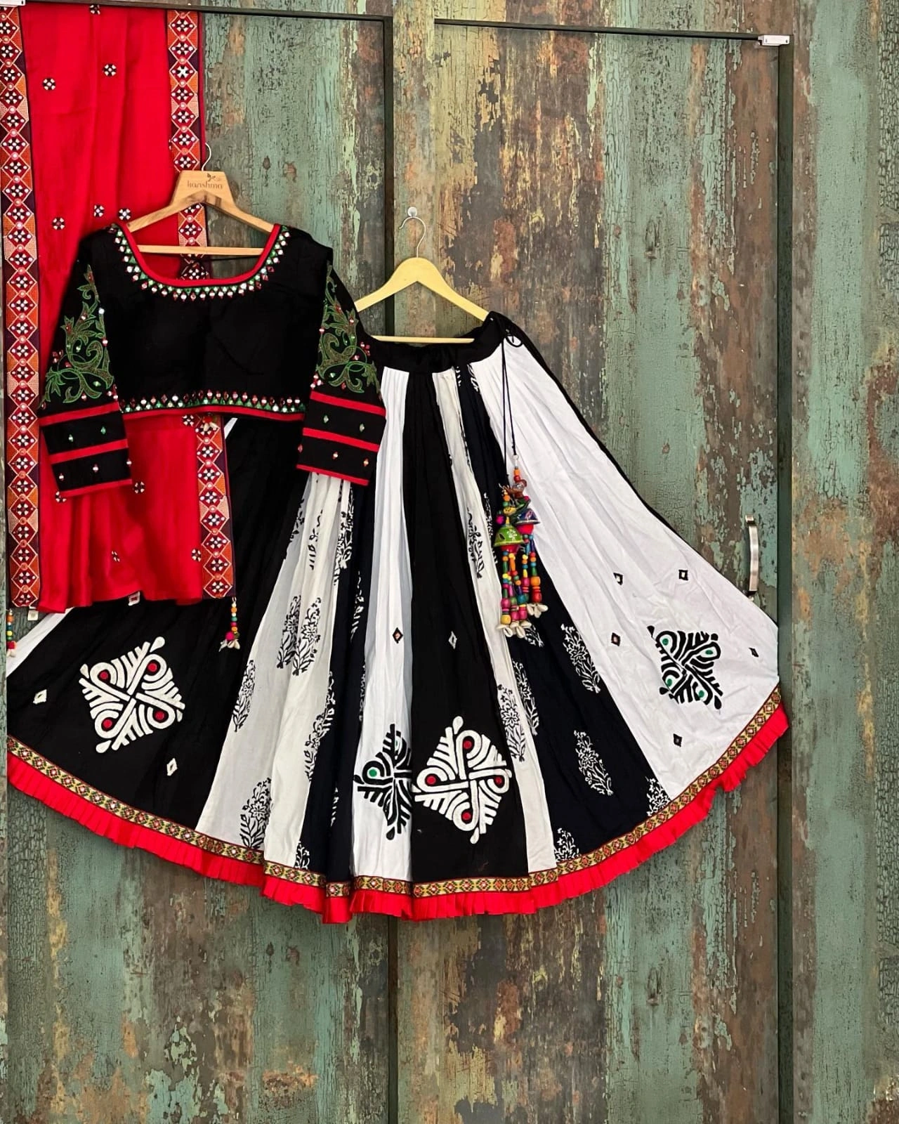 Muslin Cotton Lehenga Set with Real Mirror Work - Complete Ensemble-Black-1