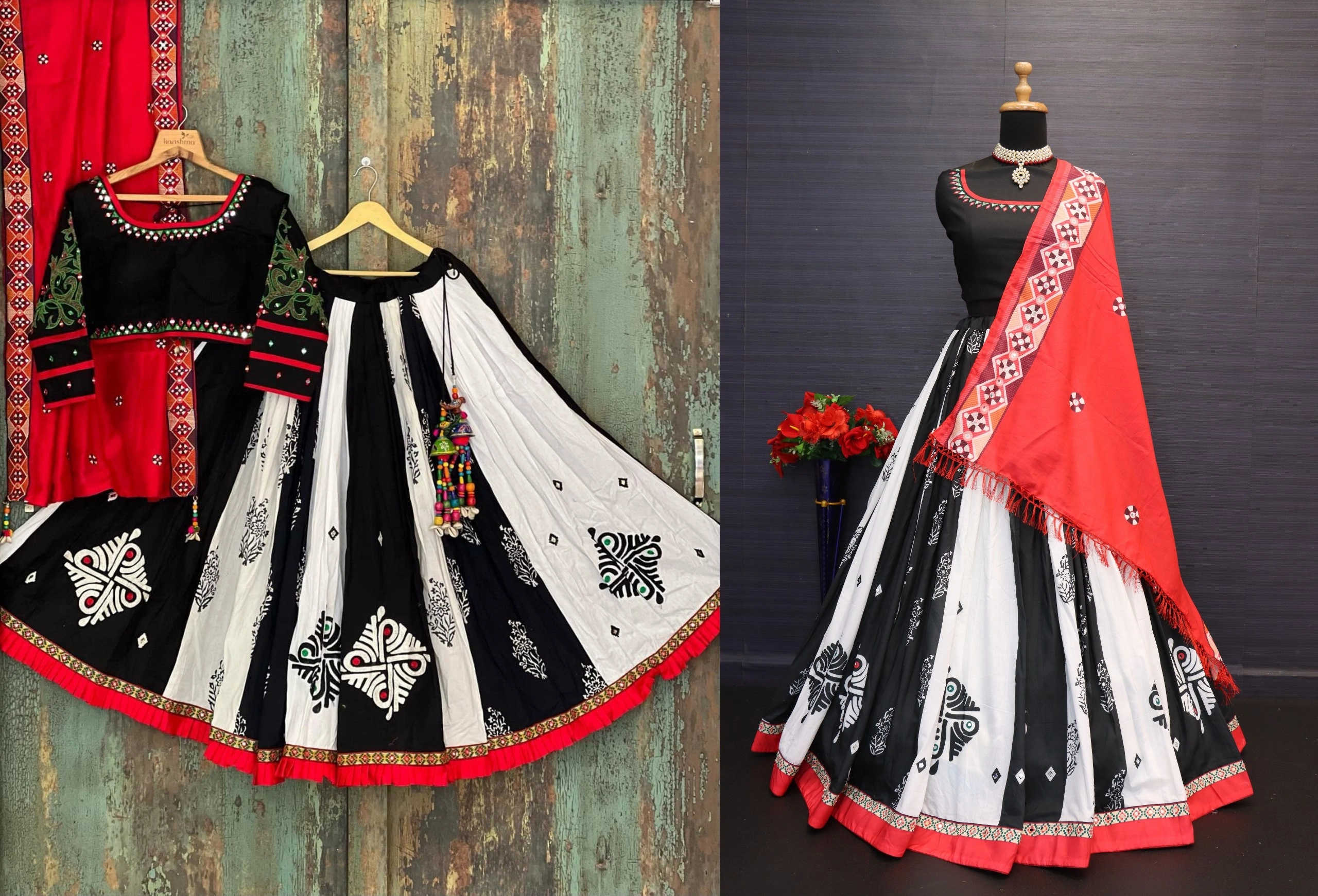 Muslin Cotton Lehenga Set with Real Mirror Work - Complete Ensemble-Black-2