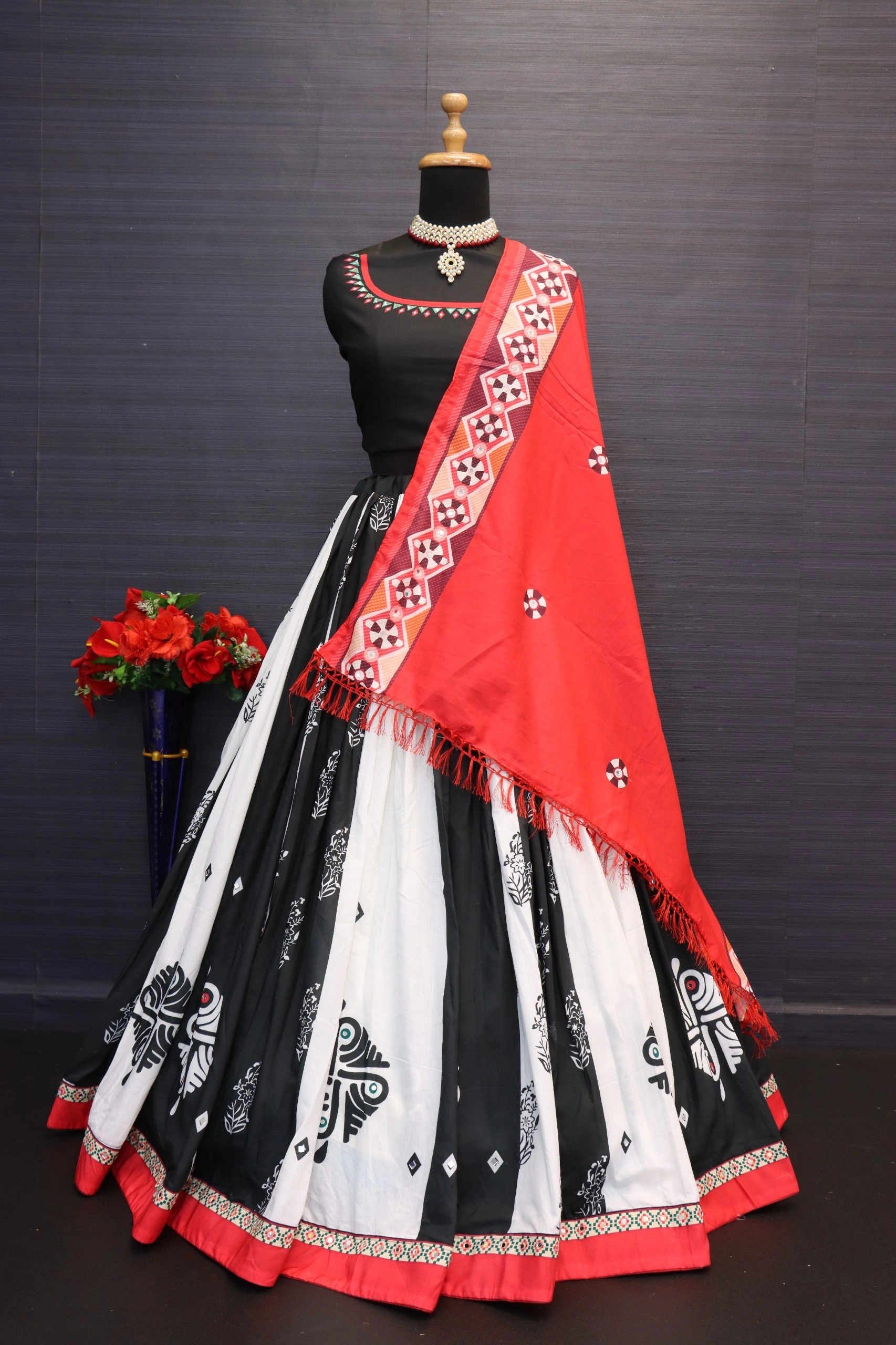 Muslin Cotton Lehenga Set with Real Mirror Work - Complete Ensemble-Black-3