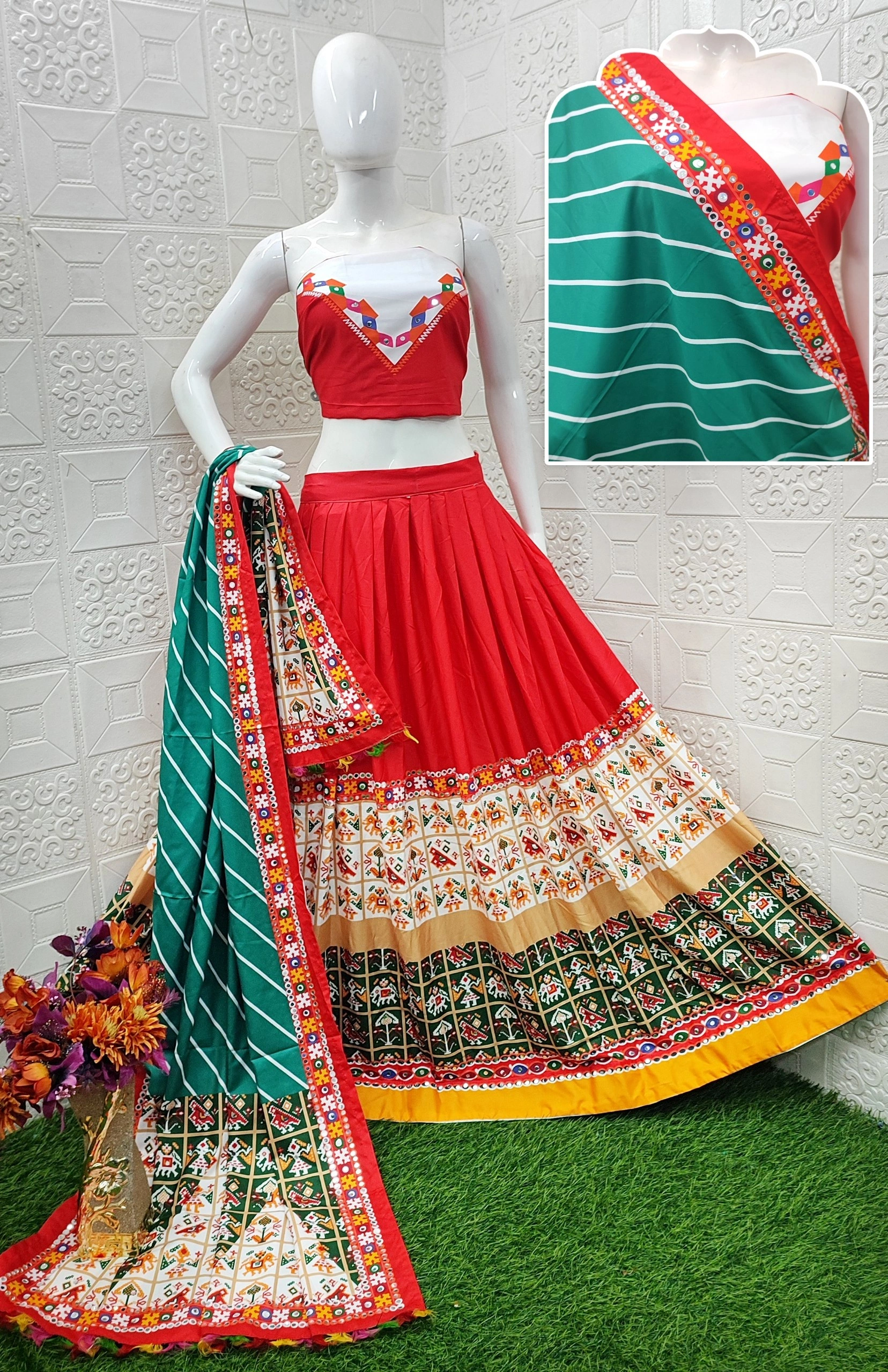 Muslin Cotton Lehenga Set with Real Mirror Work - Complete Ensemble-Red-2