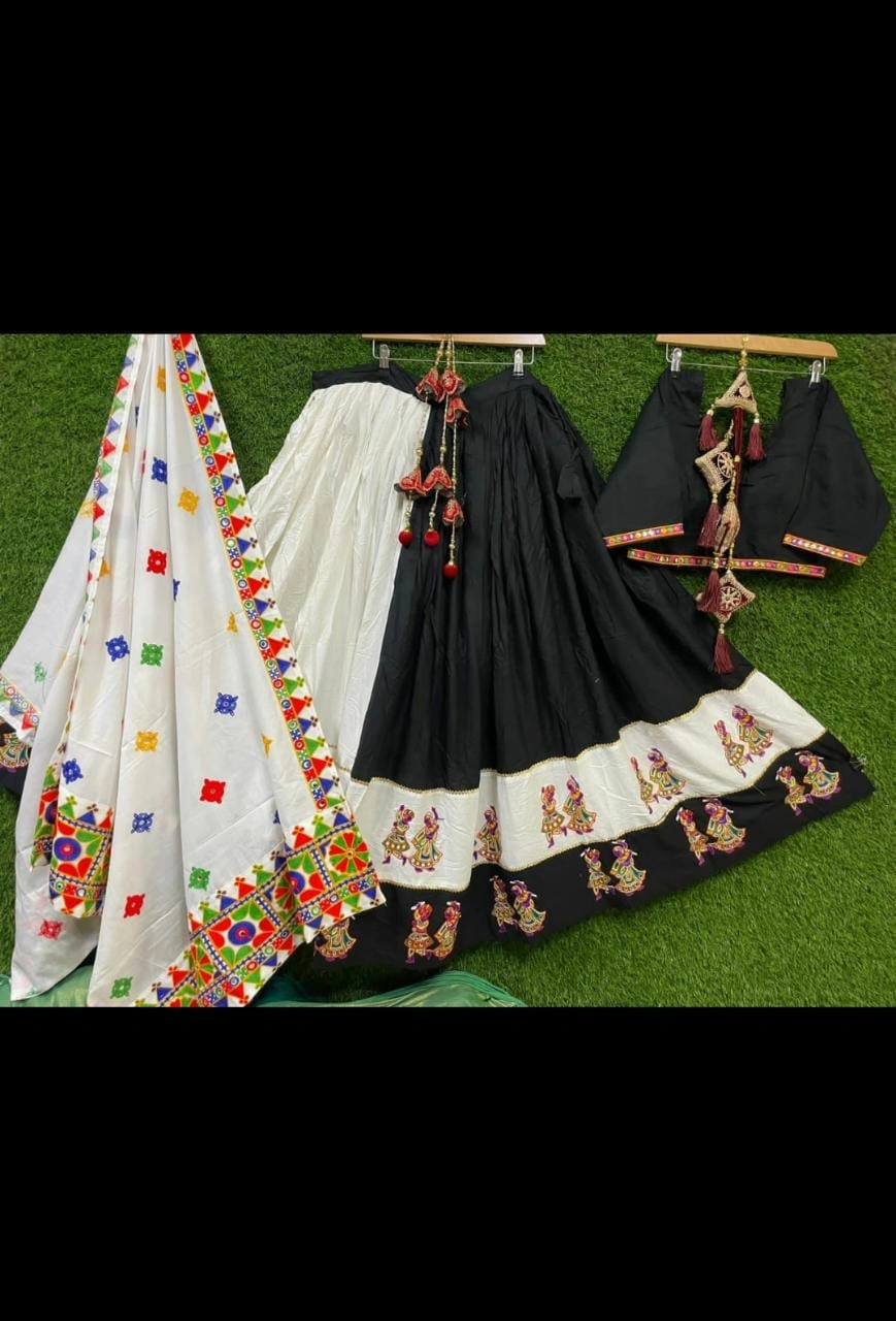 Muslin Cotton Lehenga Set with Real Mirror Work - Complete Ensemble-VCT-67-Black