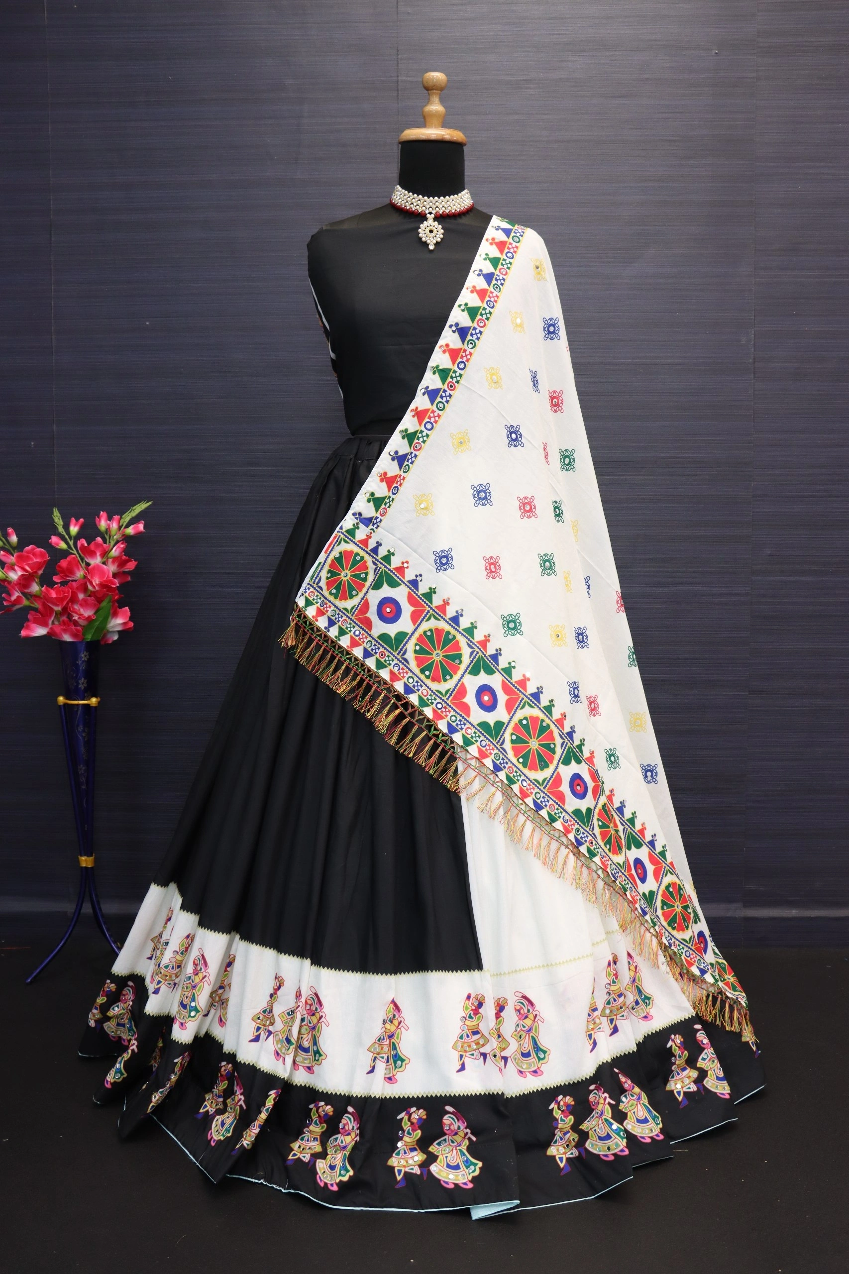 Muslin Cotton Lehenga Set with Real Mirror Work - Complete Ensemble-Black-1