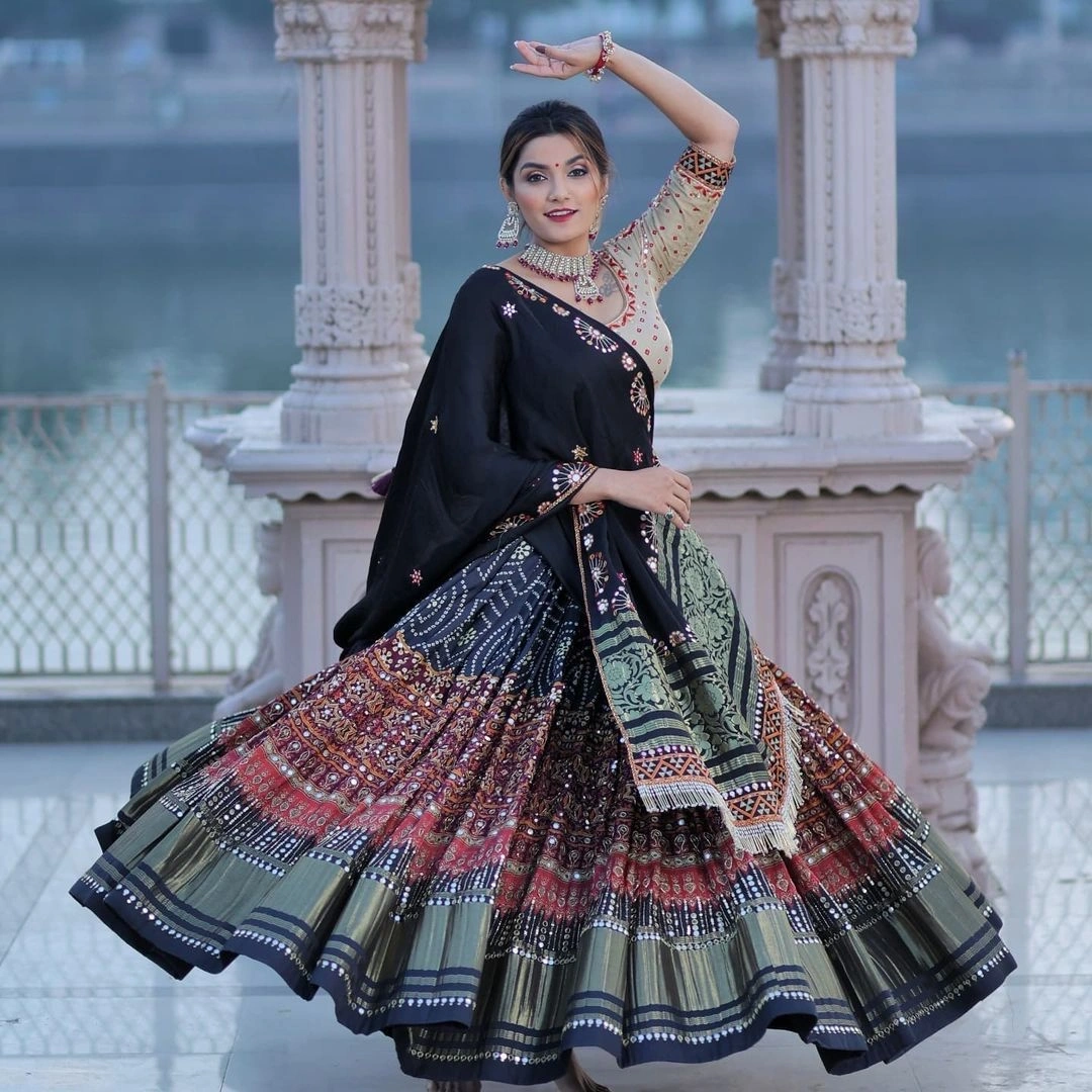 Muslin Cotton Lehenga Set with Real Mirror Work - Complete Ensemble-VCT-72-NavyBlue