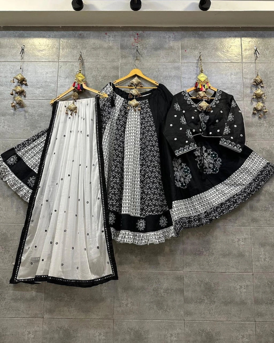 Muslin Cotton Lehenga Set with Real Mirror Work - Complete Ensemble-VCT-92-Black