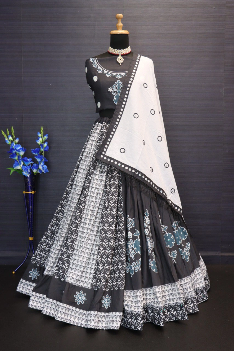 Muslin Cotton Lehenga Set with Real Mirror Work - Complete Ensemble-Black-1