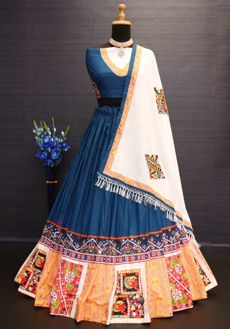 Muslin Cotton Lehenga Set with Real Mirror Work - Complete Ensemble-Peacock Blue-2