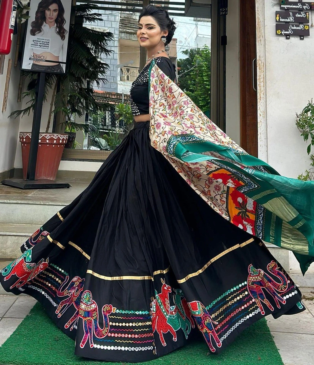 Muslin Cotton Lehenga Set with Real Mirror Work - Complete Ensemble-VCT-102-Black