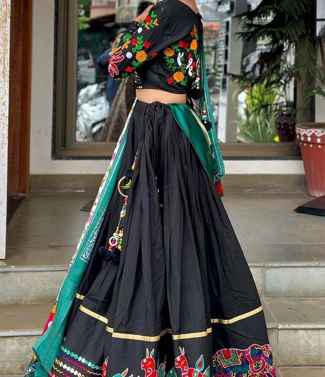 Muslin Cotton Lehenga Set with Real Mirror Work - Complete Ensemble-Black-1