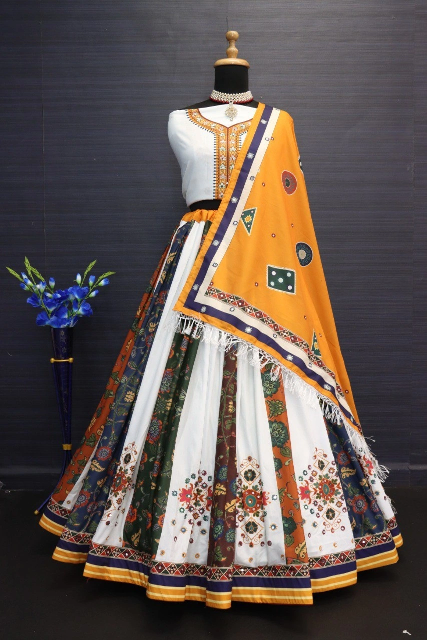 Muslin Cotton Lehenga Set with Real Mirror Work - Complete Ensemble-VCT-107-White