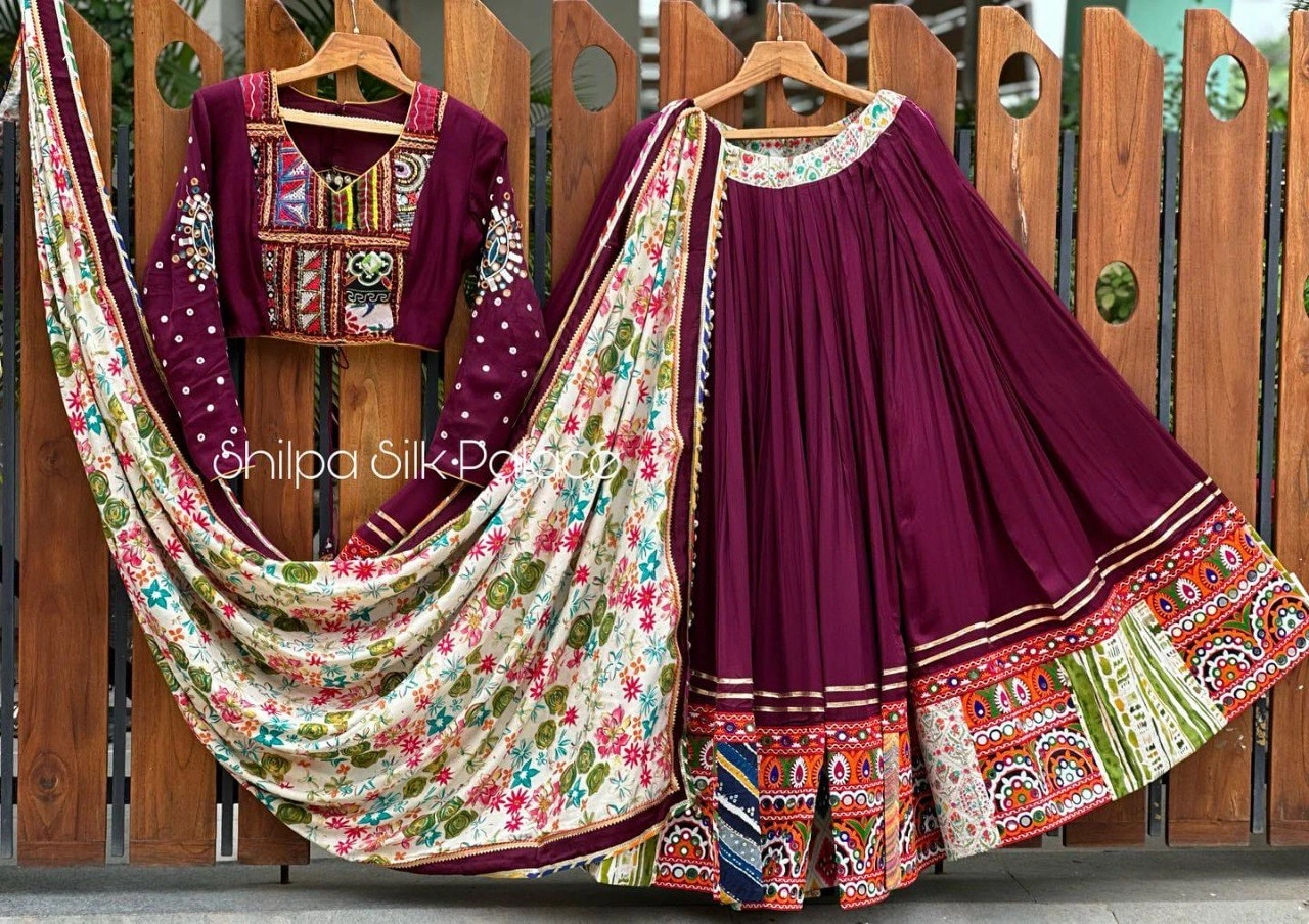 Muslin Cotton Lehenga Set with Real Mirror Work - Complete Ensemble-VCT-109-Maroon