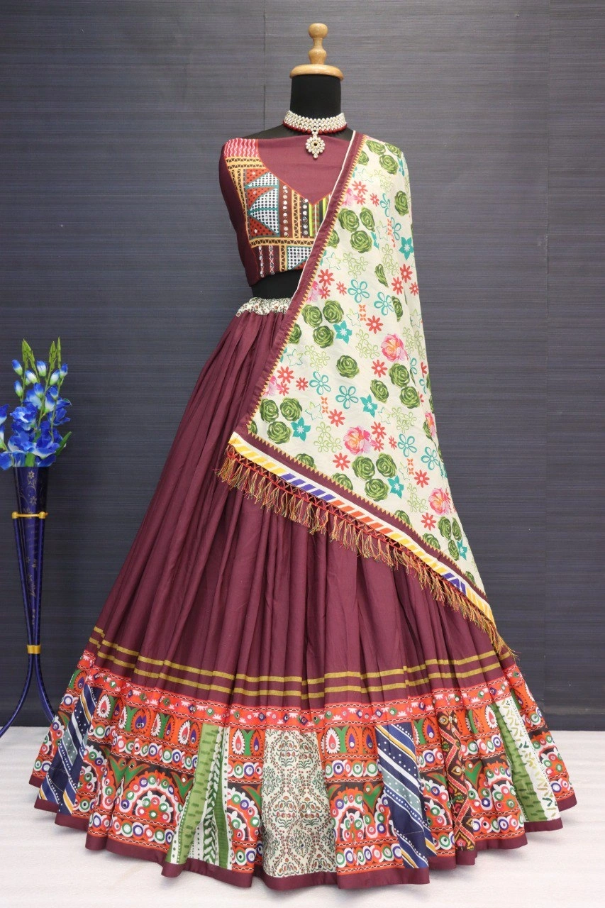 Muslin Cotton Lehenga Set with Real Mirror Work - Complete Ensemble-Maroon-1