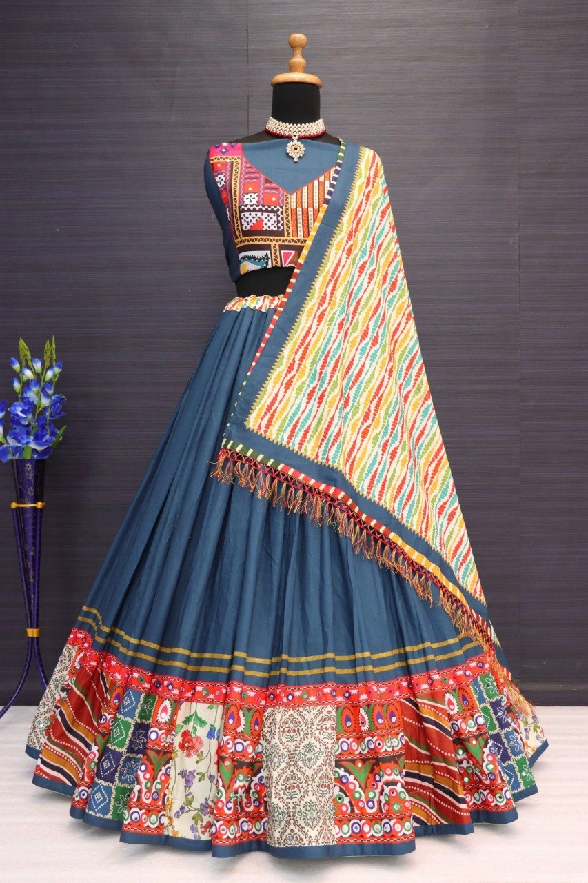 Muslin Cotton Lehenga Set with Real Mirror Work - Complete Ensemble-VCT-109-PeacockBlue