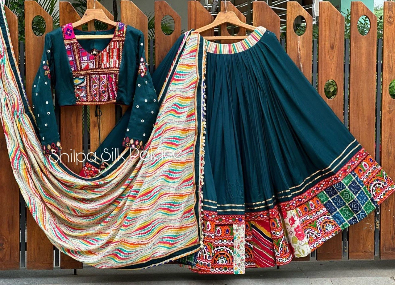 Muslin Cotton Lehenga Set with Real Mirror Work - Complete Ensemble-Peacock Blue-1