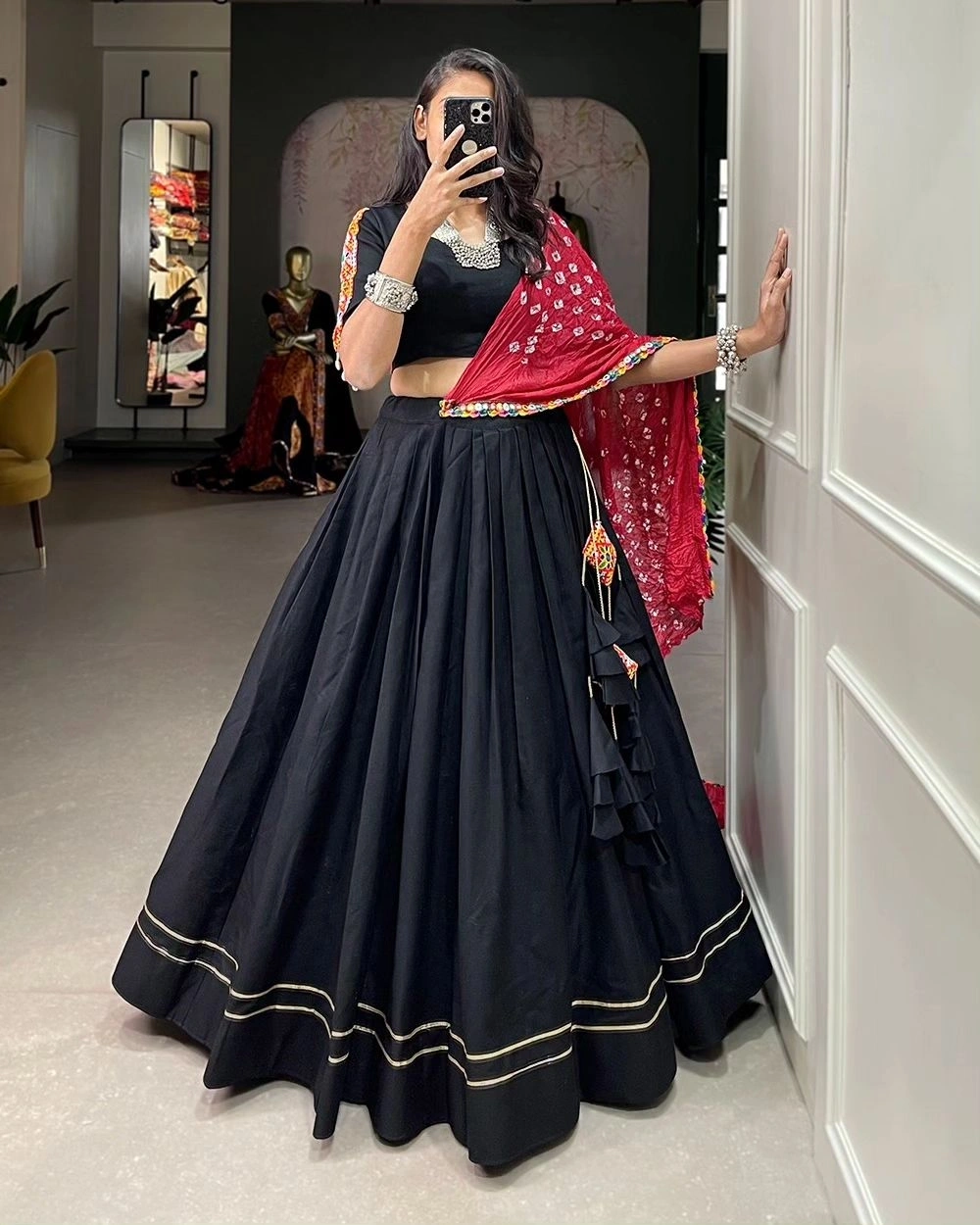 Muslin Cotton Lehenga Set with Real Mirror Work - Complete Ensemble-VCT-115-Black